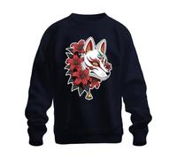Printera Kitsune Máscara Japón Zorro Lirios Rojos Sudadera Sudadera, azul marino, 3XL