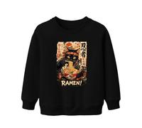 Printera Ramen Negro Gato Ninja Japón Niños Sudadera Suéter, Negro , 116