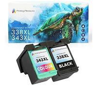 Printing Pleasure 2 Compatibles HP 338 & HP 343 Cartuchos de Tinta para Photosmart 2610 8150 8750 C3180 DeskJet 460 460c 5740 OfficeJet 100 150 6210 7310 H470 PSC 2355 - Negro/Color, Alta Capacidad