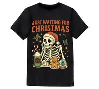 PrintPact Divertida camiseta de Navidad - Just Waiting for Christmas Skeleton Design | Novedosa camiseta de Navidad para hombres y mujeres | Humorosa, unisex cuello redondo, Negro, XL