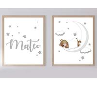 PrintsbyDM Set de 2 Posters Infantiles Personalizados para Enmarcar A4/21x29.7, Decoración de Nubes Luna y Osito Unisex