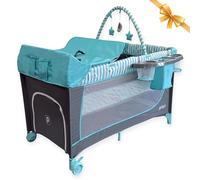 Priori Baby Nauta Cuna de Viaje Plegable 5 en 1 para Bebé - Portátil, Parque, Cambiador, Gimnasio y Organizador - Malla Transpirable Ruedas con Freno Bolsa de Transporte - 0-3 Años hasta 15 kg (Azul)