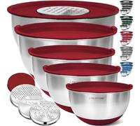 Priority Chef Juego de cuencos de acero inoxidable con tapas, 3 accesorios de rallador, tapas herméticas, base de silicona antideslizante, cuencos grandes de metal para cocina, color rojo
