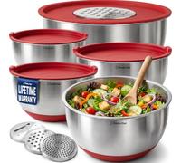 Priority Chef Juego de cuencos de acero inoxidable con tapas, 3 accesorios de rallador, tapas herméticas, base de silicona antideslizante, cuencos grandes de metal para cocina, color rojo