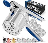 PriorityChef - Prensador de patatas grande de 15 onzas con 3 discos, acero inoxidable resistente para puré de patatas, prensador de patatas, prensa y herramienta de cocina, azul