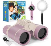 Prismáticos para niños, juguetes para niños de 3, 4, 5, 6, 7, 8 años, niños y niñas, juego con lupa y brújula, juguete para exteriores para niños de 3 a 8 años (rosa)