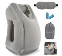 Prismia Almohada de Viaje Hinchable para Avión, Coche, Tren, Bus, Oficina. Incluye Tapones para Oídos, Antifaz y Bolsa Portátil - Cojín Cervical Inflable - Reposacabezas para Cuello (Gris)