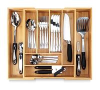 Pristine Bamboo Bandeja de cubiertos para organizador de cajones, organizador de cajones de cocina, organizador de cubiertos en cajón, soporte para cubiertos, separadores de madera ajustables