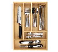 Pristine Bamboo Organizador de bandeja de cubiertos, soporte para cubiertos para cajón, pequeño organizador de cajones de cocina de madera extra profundo para cucharas, tenedores, cuchillos, cubiertos