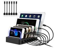 PRITEK Estación de Carga USB con Cables USB para Teléfono Celular Tableta Auricular MP4 y Otro Dispositivo USB Habilitado 6 Puertos Dispositivos Múltiples Cargador USB Estación del Teléfono (Negro)