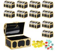 PRITOK 12 mini cofres del tesoro: cofre del tesoro pequeño de plástico pirata cofre del tesoro con 12 monedas de oro y 12 piedras preciosas, cofre del tesoro para decoración de fiesta pirata, 7,5 x
