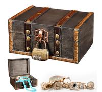 PRITOK Baúl del tesoro de madera vintage: cofre del tesoro vintage con cerradura de combinación, joyero con tapa, cofre del tesoro infantil, pequeño cofre del tesoro pirata (15 x 12 x 7,5 cm)