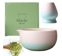 PRITOK Cuenco de matcha de 2 piezas 18 OZ Matcha Chawan Hecho a mano para la ceremonia de matcha, cuenco de cerámica matcha con boquilla, degradado rosa