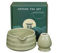 PRITOK Cuenco de matcha de 2 piezas: 18 OZ Matcha Chawan Hecho a mano para la ceremonia de matcha, cuenco de cerámica matcha con boquilla, verde