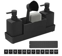 PRITOK Dispensador de jabón esponja: dispensador de jabón de cocina con esponja para lavar platos, organizador con cepillo y dos dispensadores de jabón con alfombrilla antideslizante para organizador