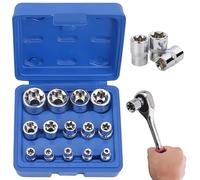 PRITOK Juego de llaves de vaso Torx (14 piezas, 1/4", 3/8" y 1/2", E4, E5, E6, E7, E8, E10, E11, E12, E14, E16, E18, E20, E22, E24, con caja de almacenamiento), color negro