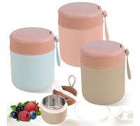 PRITOK Recipiente térmico de acero inoxidable para comida: 3 cuencos térmicos con cuchara, 430 ml, aislados al vacío, termo para comida para niños, color azul, rosa y verde