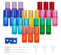 PRITOK Roll On Botellas de cristal para aceite esencial, 24 unidades, vacías, 5 ml, multicolores, con bolas de rodillo de acero inoxidable y accesorios para aceites esenciales, perfume, masajes