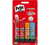 Pritt Barra de pegamento, pegamento seguro y apto para niños para artes y manualidades, adhesivo fuerte para la escuela y suministros de oficina, 2 x 22 g originales y 2 x 20 g de colores Pritt