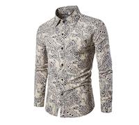 PRJN Camisa de manga larga para hombre, para otoño e invierno, con estampado floral, con solapa, informal, de lino, de manga larga, informal, para hombre, de lino D-blanco. XL