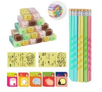 Prmape 80 Lapices con Gomas Niños Regalo, 20 Lápices 2B Triangulares, 20 Gomas de Borrar Divertidas, 20 Cuadros de Arena DIY, 20 Notas Adhesivas, Set de Regalo para Cumpleaños Infantil y Escuela