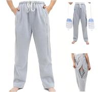 PRMTYUP Pantalones para CatéTer para Hombre Y Mujer, Pantalones Porta-Bolsas De Orina 100% AlgodóN con Dos Bolsillos Ocultos con Cremallera, Pantalones Ajustables De Soporte,Gris,L
