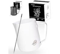 Pro@Home43® Jarra leche barista de acero inoxidable blanca 350ml (también en 600ml) con lápiz de latte art/Jarra para espumar leche en caja de regalo