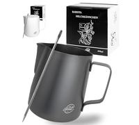 Pro@Home43® Jarra leche barista de acero inoxidable negro antracita 600ml (también en 350ml) con lápiz de latte art/Jarra para espumar leche en caja de regalo