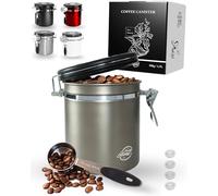 Pro@Home43® - Lata de café hermética 500 g - Gun Metal - Recipiente de almacenamiento de granos de café de 1,5 L de acero inoxidable con función de calendario, incluye cuchara dosificadora y 4