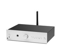 Pro-Ject Stereo Box E, amplificador estéreo hi-fi compacto, plata | 7 entradas con phono MM, Bluetooth 5.0 aptX HD, óptica y coaxial, salida de subwoofer, auriculares, carcasa de acero