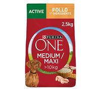 Pro Plan Purina One Medium/Maxi > 10 kg Active Pienso Perro Pollo y Arroz, 4 Paquetes de 2,5 kg