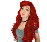 Probeauty Peluca larga de sirena roja rizada ondulada para Halloween, cosplay y disfraz, peluca para mujer + gorro de peluca