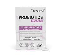 Probioticos Mujer 25000 Millones UFC Drasanvi en 20 Capsulas Sin Gluten | 25.000 Millones de UFC por Capsula con Prebiotico FOS, Vitamina B3 y Biotina, 3 Cepas sin Refrigeracion Diariamente
