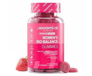 Probioticos Mujer Flora Intima - 60 Gominolas - 4 Mil Millones de UFC y 3 Cepas - con Calcio y Arándano Rojo - Multivitaminas Mujer con Probioticos - Vegano y Sin Gluten - Sabor Fresa - Novomins