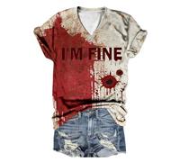 Problem Gelöst Print Halloween Tshirt Blood Kurzarm V Ausschnitt T Shirt mit Blutigem bedrucktes Shirts Blut Verletzung Halloween Kostüm Horror leicht T Shirt Tops Oberteil, E ladrillo rojo, L