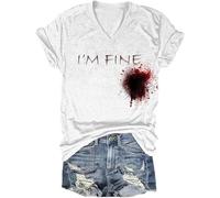 Problem Gelöst Print Halloween Tshirt Blood Kurzarm V Ausschnitt T Shirt mit Blutigem bedrucktes Shirts Blut Verletzung Halloween Kostüm Horror leicht T Shirt Tops Oberteil, B negro., L