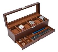 ProCase Caja de Relojes de 6 Ranuras con Cajón, Funda Organizadora de Reloj de 2 capas con Tapa de Cristal, Estuche de Almacenamiento para Hombres y Mujeres -Café