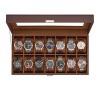 ProCase Caja Organizadora de Relojes 14 Ranuras, Estuche Joyero con Tapa de Cristal, Vitrina de Almacenamiento para Relojes, Pulseras y Joyas, Regalo Elegante para Hombres y Mujeres - Café