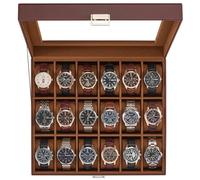ProCase Caja Organizadora de Relojes 18 Ranuras, Estuche Joyero con Tapa de Cristal, Vitrina de Almacenamiento para Relojes, Pulseras y Joyas, Regalo Elegante para Hombres y Mujeres- Café