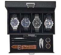 ProCase Caja para 4 Relojes, Estuche de Reloj de Doble Nivel con Tapa de Cristal, Organizador para Relojes, Anillos y Pulseras, Regalo Ideal para Navidad, Cuero Sintético-Negro