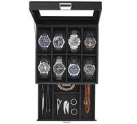ProCase Caja para 8 Relojes, Estuche de Reloj de Doble Nivel con Tapa de Cristal, Organizador para Relojes, Anillos y Pulseras, Regalo Ideal para Navidad, Cuero Sintético -Negro