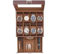 ProCase Caja para 8 Relojes, Estuche de Reloj de Doble Nivel con Tapa de Cristal, Organizador para Relojes, Anillos y Pulseras, Regalo Ideal para Navidad, Cuero Sintético -Marrón