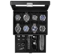 ProCase Estuche para Relojes, Caja Organizadora de 8 Ranuras y 2 Niveles con Tapa de Cristal, Cuero sintético premium, Almohadillas y Forro de Terciopelo, Porta Relojes para Hombre - Todo Negro
