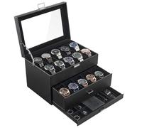 ProCase Organizadora para Relojes para Hombre, 20 Ranuras Caja Organizadora de Joyería de 3 Capas con Cajón Estuche de Almacenaje con Tapa de Cristal Vitrina Expositor -Negro Puro