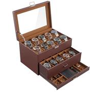 ProCase Organizadora para Relojes para Hombre, 20 Ranuras Caja Organizadora de Joyería de 3 Capas con Cajón Estuche de Almacenaje con Tapa de Cristal Vitrina Expositor -Marrón