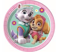 Procos 10067625 90275 - Platos de fiesta Paw Patrol Skye & Everest, 8 unidades, diámetro 20 cm, platos de cartón, platos desechables, héroes en cuatro patas, decoración de mesa, rosa, verde