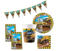 Procos 10215302DY - Set de fiesta obra en construcción, vajilla desechable de 45 piezas para fiestas de cumpleaños infantiles y fiestas temáticas, decoración de mesa