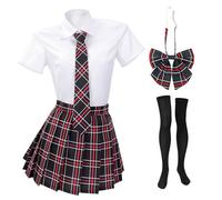 PROCOS Conjunto de corbata de moño para mujer, estilo gótico, plisada, para cosplay, anime, marinero, ropa de verano para fiesta diaria con pajarita, corbata de lazo rojo, negro, a cuadros, talla XL