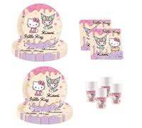 Procos - Decoración de cumpleaños Hello Kitty & Kuromi, 52 piezas, platos de cartón, vasos y servilletas para fiestas infantiles, vajilla de fiesta