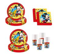 Procos - Decoración de cumpleaños Mickey Mouse Jump Into Fun, 52 piezas, platos de cartón, vasos y servilletas para cumpleaños infantiles, vajilla de fiesta